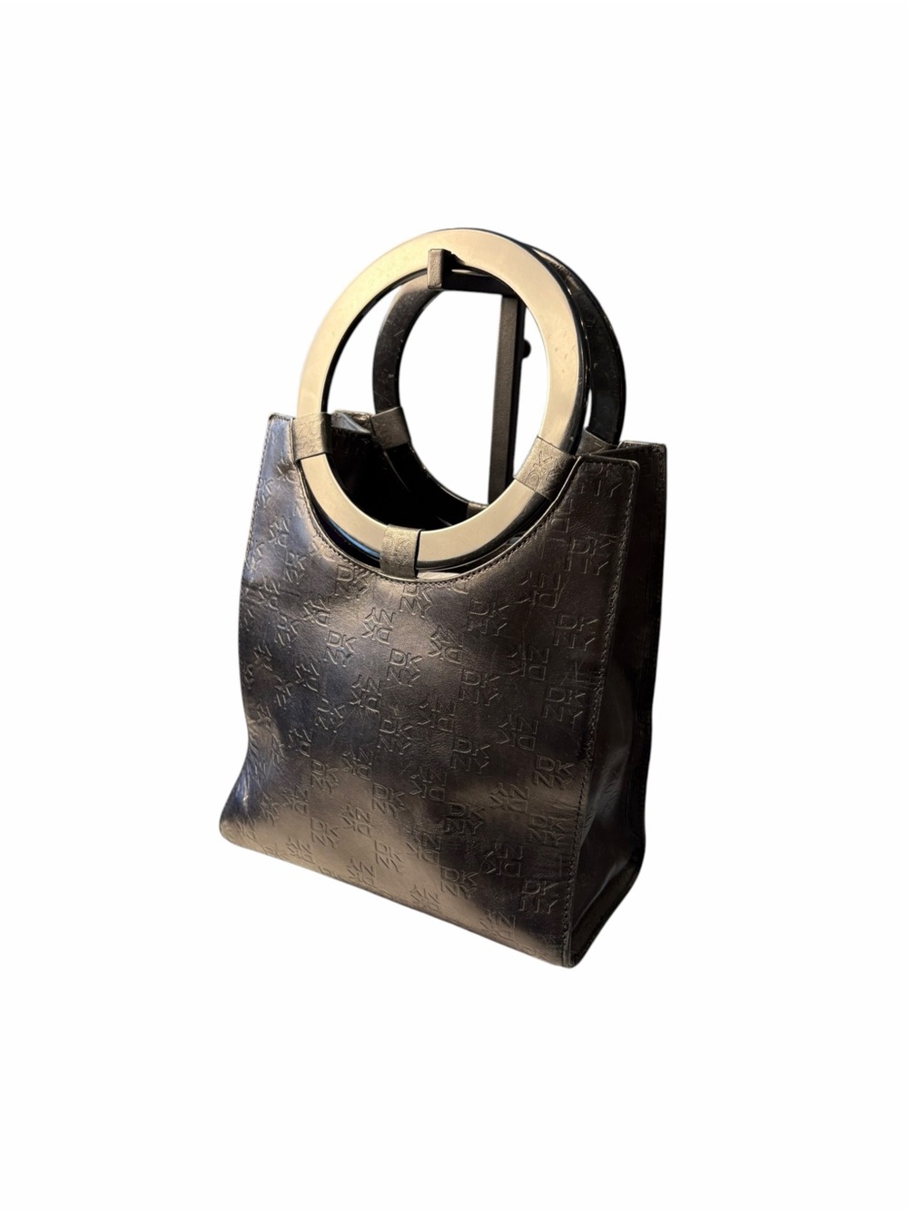 Vintage Black Y2K DKNY Handbag Embossed Monogram Circular Hard Plastic Handle